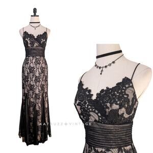 Vintage Cache Prom Dress Maxi Gown 8 Black Tan Lace Empire Y2K 90S Fairy Goth